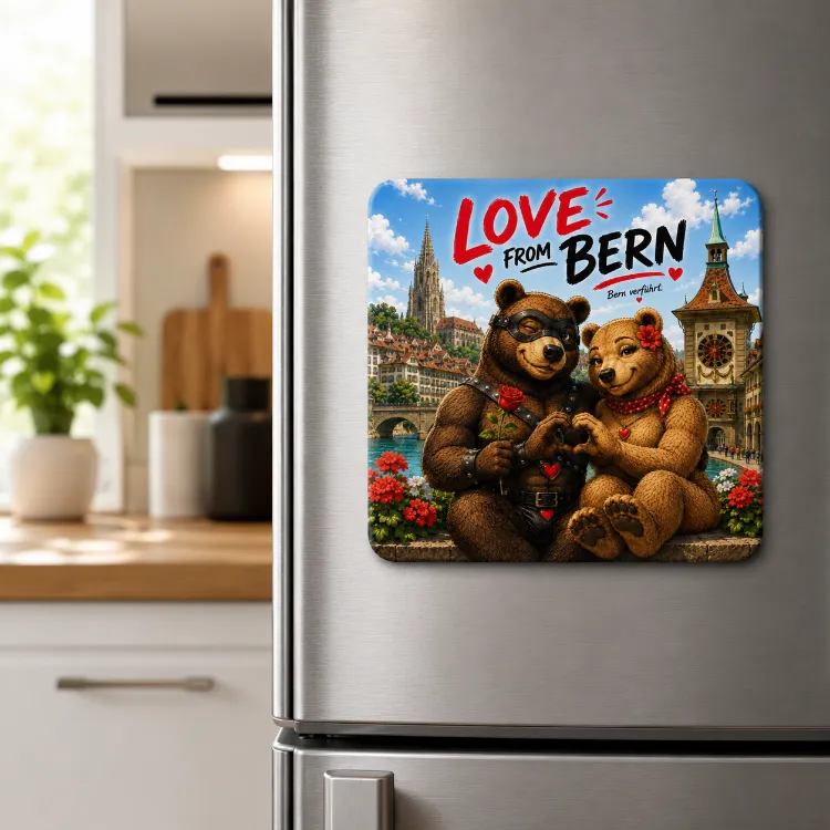 LOVE FROM BERN Kühlschrankmagnet  in der Küche an einem Kühlschrank.webp