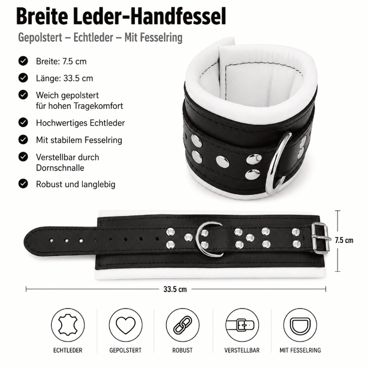 Breite Leder-Handfessel mit Fesselring – Gepolstert aus Echtleder, 7,5 cm breit.webp