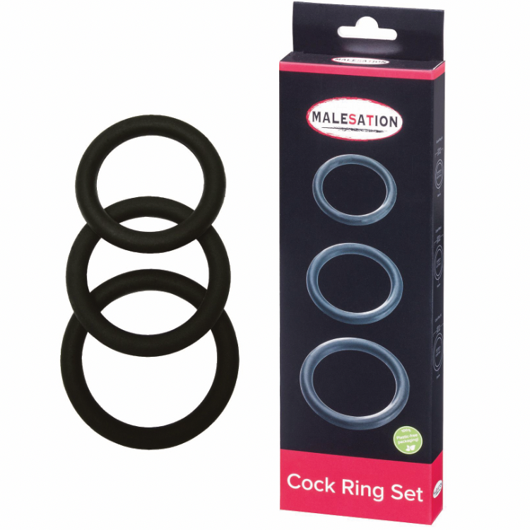 MALESATION Cock Ring Set – 3 Silikon-Penisringe 40 / 45 / 50 mm – Schwarz