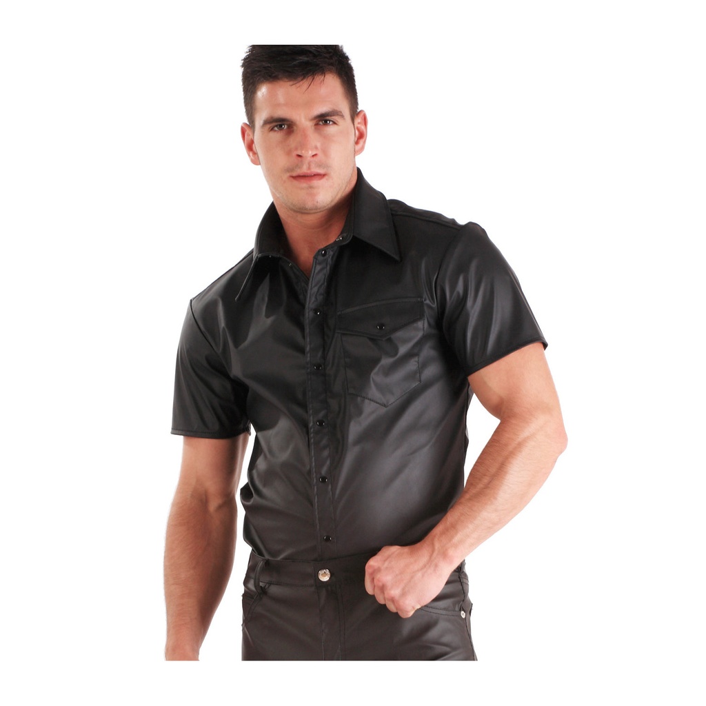 [H1415.BLKM] Honour Leatherette-Kurzarmhemd – Schwarz – Grösse M