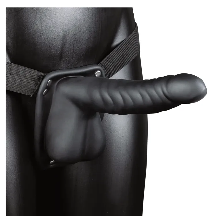 Ouch! Ribbed Hollow Strap-On with Balls – 21 cm – Black