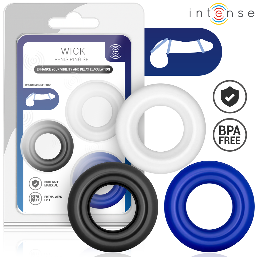 INTENSE Wick Set – 3 Penisringe – Schwarz, Blau & Transparent