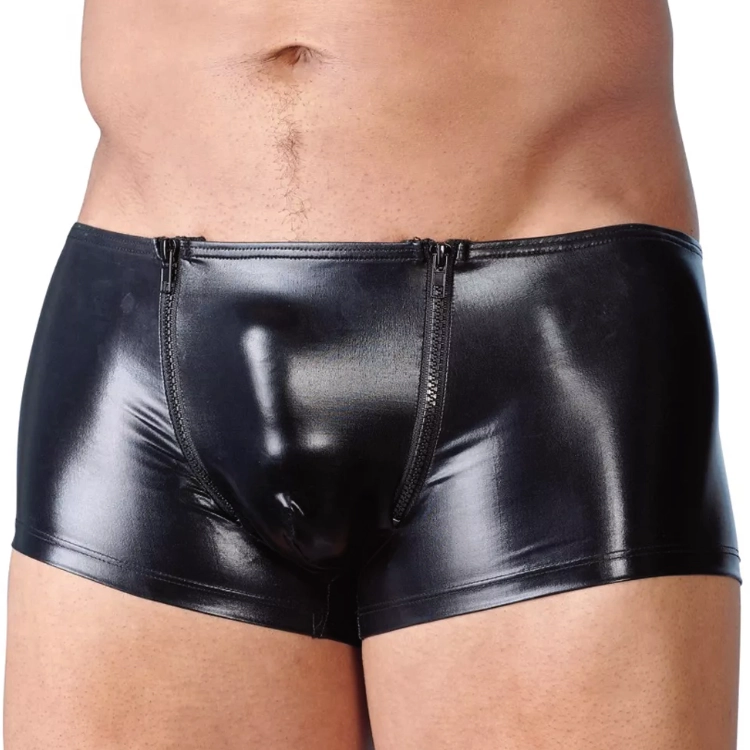 Wetlook Herren Boxer mit 2 Reissverschlüssen – Schwarz (S)