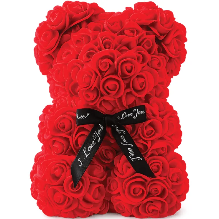 Rosen-Teddy aus Kunstrosen – romantisches Geschenk (21 cm) in Geschenkverpackung